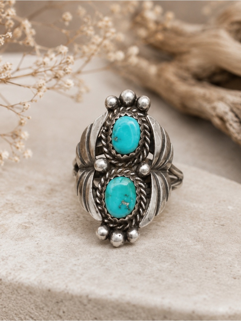 Silver Ring with Bright Turquoise Double Stones size 5.5